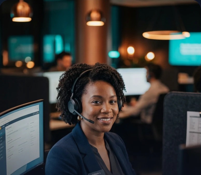 Smiling support agent wearing a headset